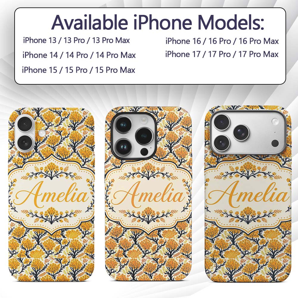 Bold Mustard Yellow Floral Tree Pattern with Dark Custom Name Protective Phone Case Mobile Cover Durable Everyday Smartphone Shock Resistant