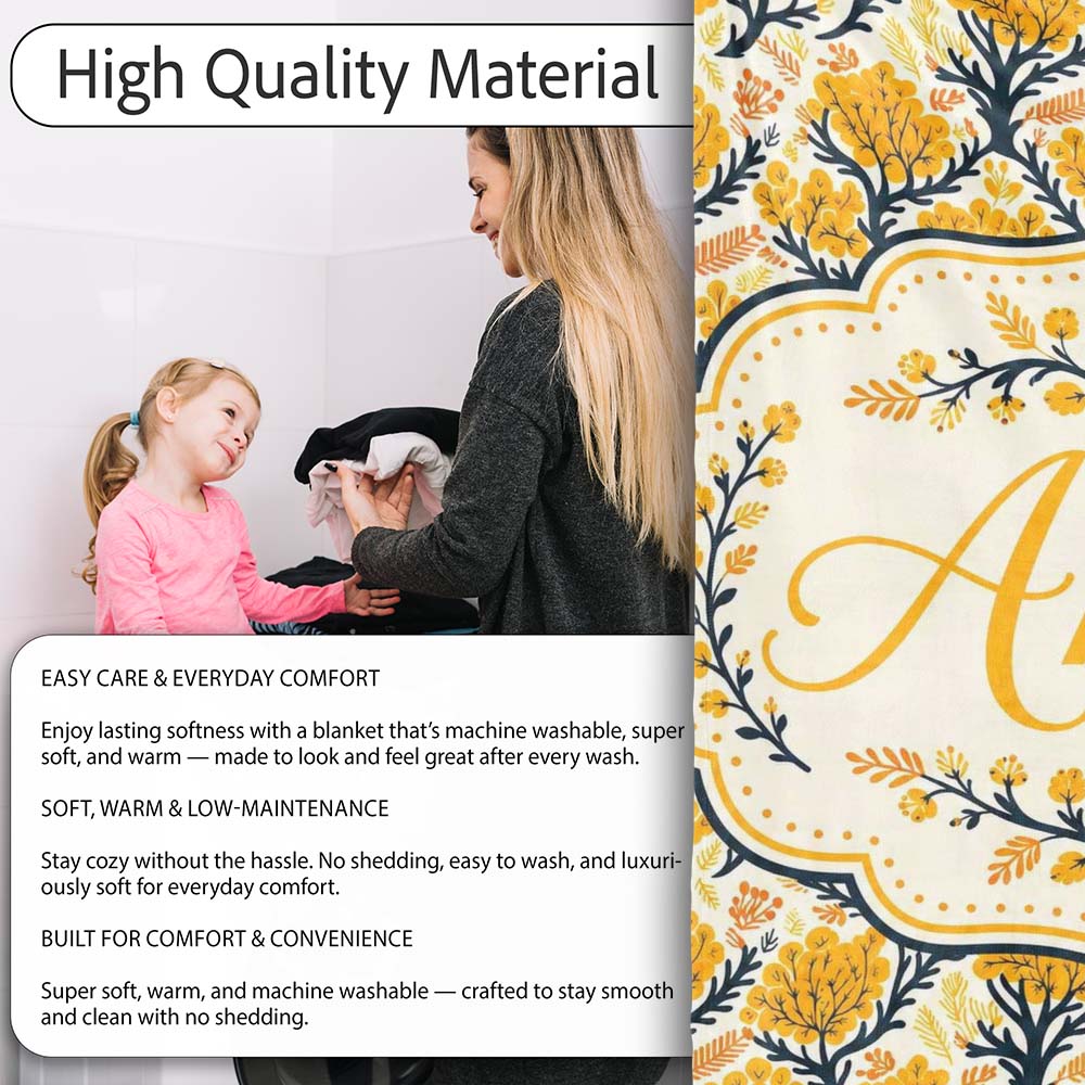 Bold Mustard Yellow Floral Tree Pattern with Dark Branches Modern  Personalised Custom Name Super Soft Fleece Blanket Bed Sofa Throw