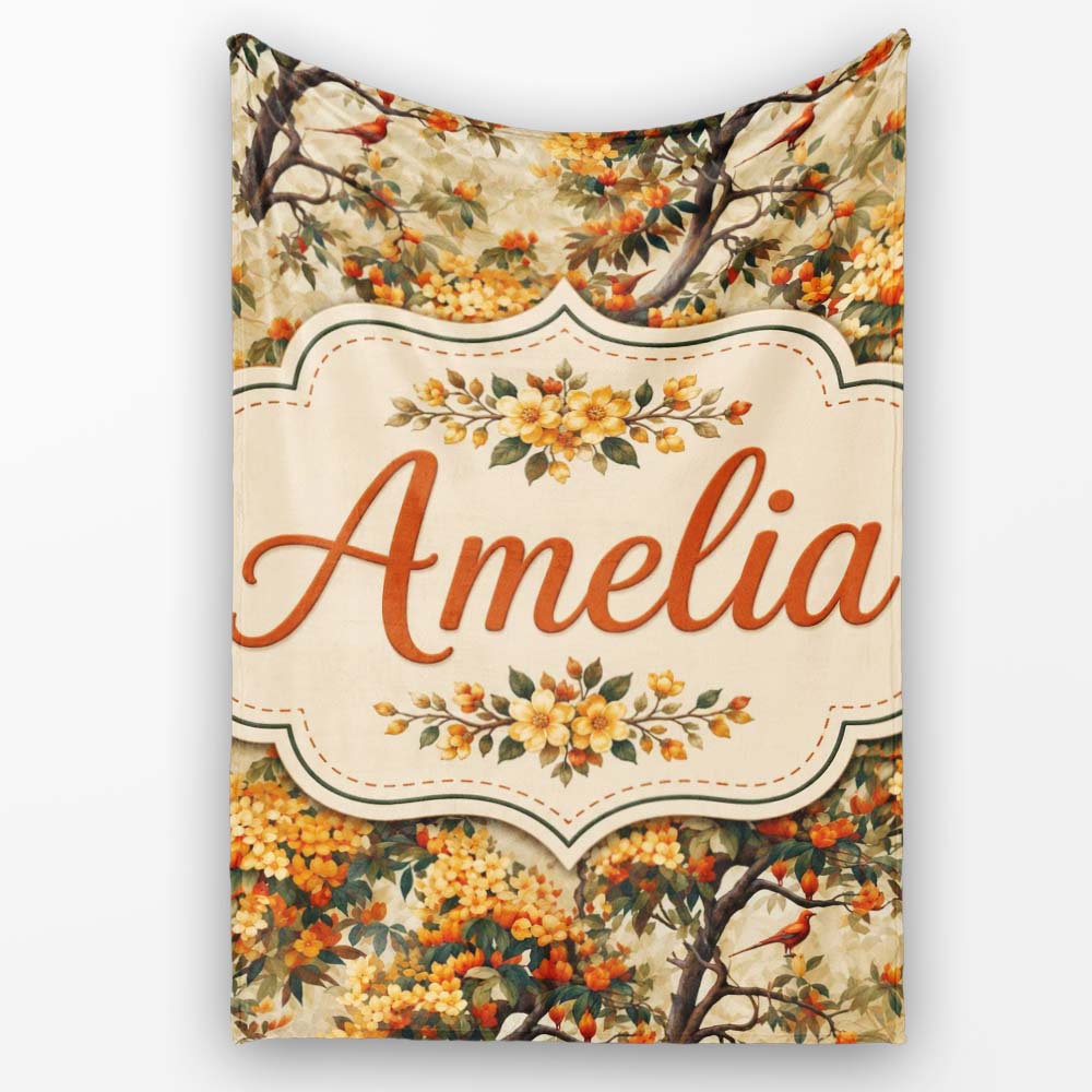 Detailed Botanical Branches with Orange Flowers and Birds Vintage  Personalised Custom Name Super Soft Fleece Blanket Bed Sofa Throw