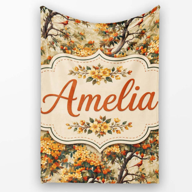 Detailed Botanical Branches with Orange Flowers and Birds Vintage  Personalised Custom Name Super Soft Fleece Blanket Bed Sofa Throw