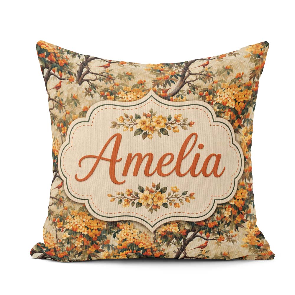 Custom Name Detailed Botanical Branches Orange Flowers and Birds Square Filled Cushion Throw Pillow Sofa Bed Home Decor Zip Washable UK Made