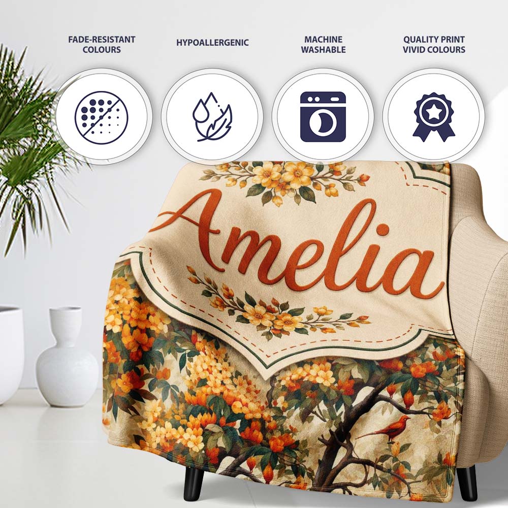 Detailed Botanical Branches with Orange Flowers and Birds Vintage  Personalised Custom Name Super Soft Fleece Blanket Bed Sofa Throw