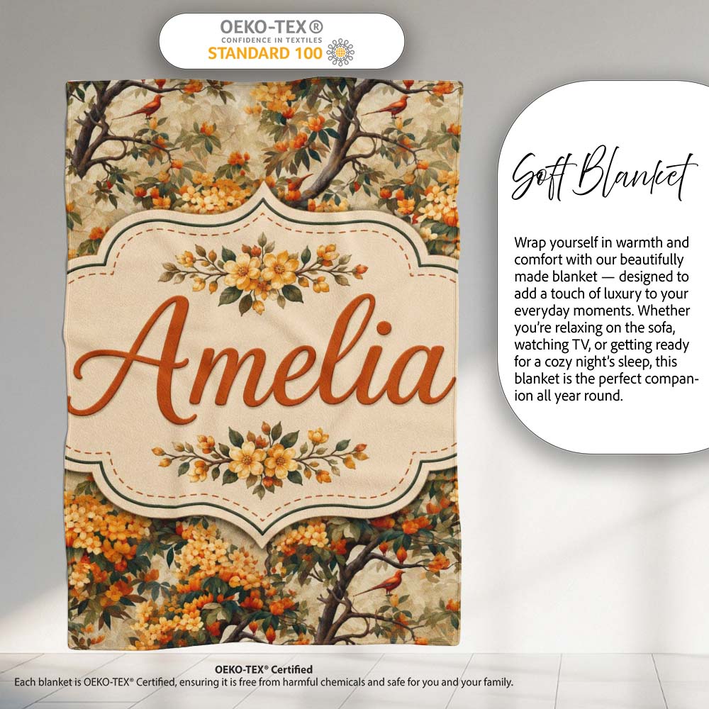 Detailed Botanical Branches with Orange Flowers and Birds Vintage  Personalised Custom Name Super Soft Fleece Blanket Bed Sofa Throw