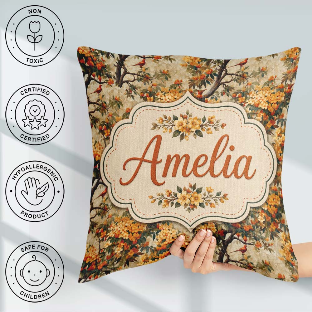 Custom Name Detailed Botanical Branches Orange Flowers and Birds Square Filled Cushion Throw Pillow Sofa Bed Home Decor Zip Washable UK Made