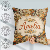 Custom Name Detailed Botanical Branches Orange Flowers and Birds Square Filled Cushion Throw Pillow Sofa Bed Home Decor Zip Washable UK Made