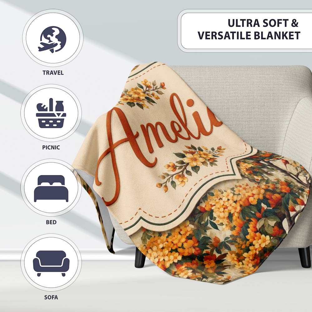 Detailed Botanical Branches with Orange Flowers and Birds Vintage  Personalised Custom Name Super Soft Fleece Blanket Bed Sofa Throw