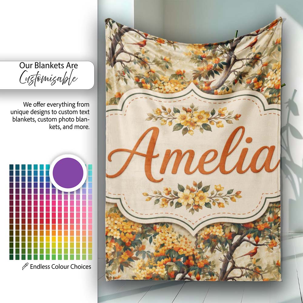 Detailed Botanical Branches with Orange Flowers and Birds Vintage  Personalised Custom Name Super Soft Fleece Blanket Bed Sofa Throw