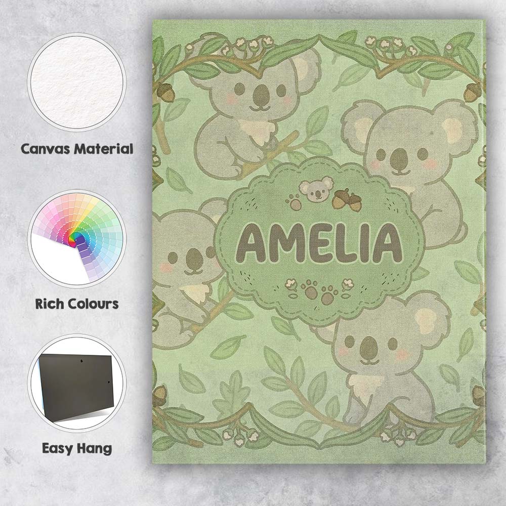 Personalised Name Cute Koala Cartoon Animal Pattern Thoughtful Custom  Decorative Canvas Wall Art Print Decor Picture Ready to Hang