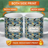 Personalized Custom Name Artistic Puffin Birds on Rocky Landscape Seamless Pattern Lovely 11oz Ceramic Coffee Tea Mug White Large Handle
