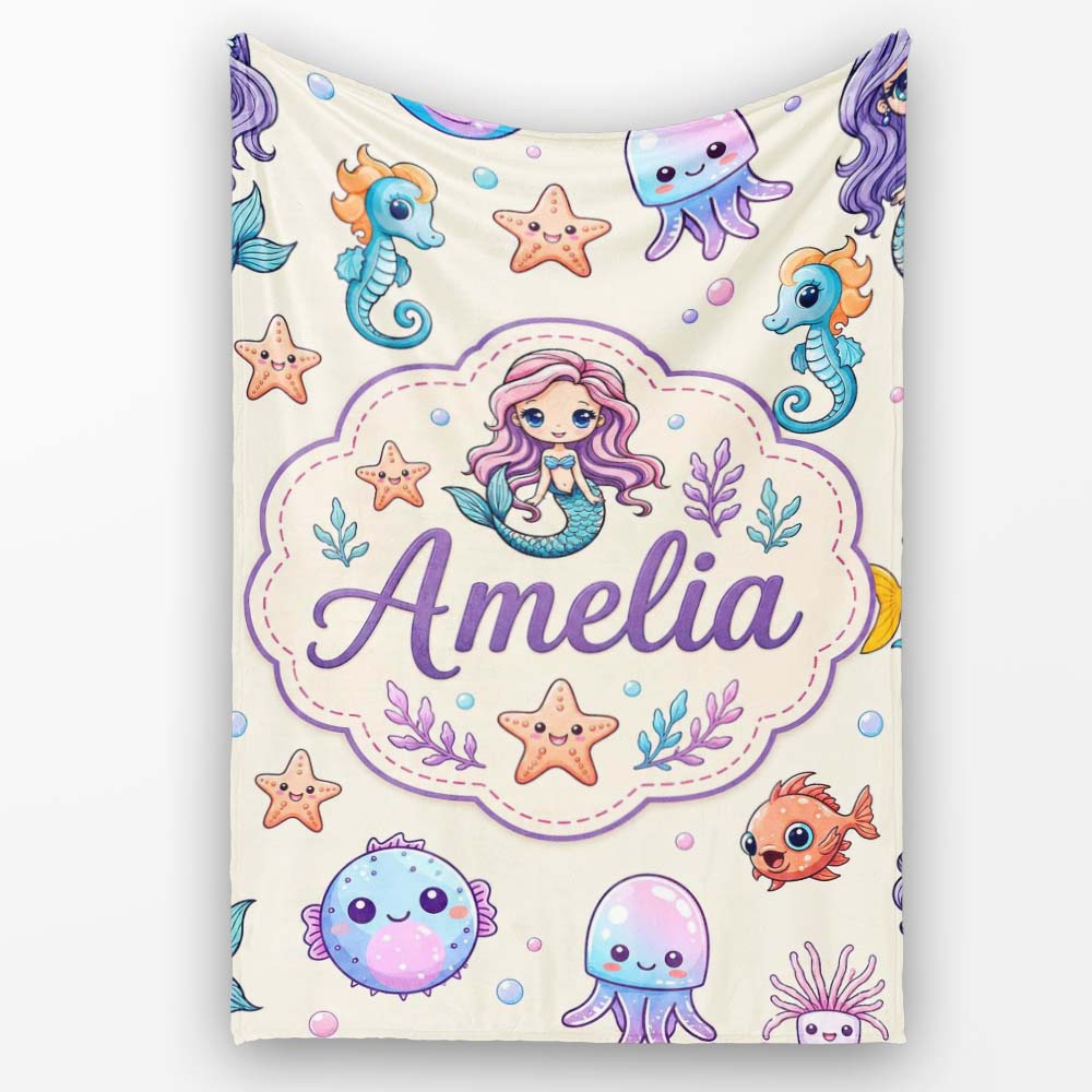 Cute Cartoon Mermaid with Sea Creatures on Light Background Kids  Personalised Custom Name Super Soft Fleece Blanket Bed Sofa Throw