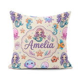 Custom Name Cartoon with Sea Creatures on Light Background Kids Square Filled Cushion Throw Pillow Sofa Bed Home Decor Zip Washable UK Made