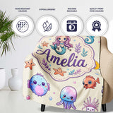 Cute Cartoon Mermaid with Sea Creatures on Light Background Kids  Personalised Custom Name Super Soft Fleece Blanket Bed Sofa Throw