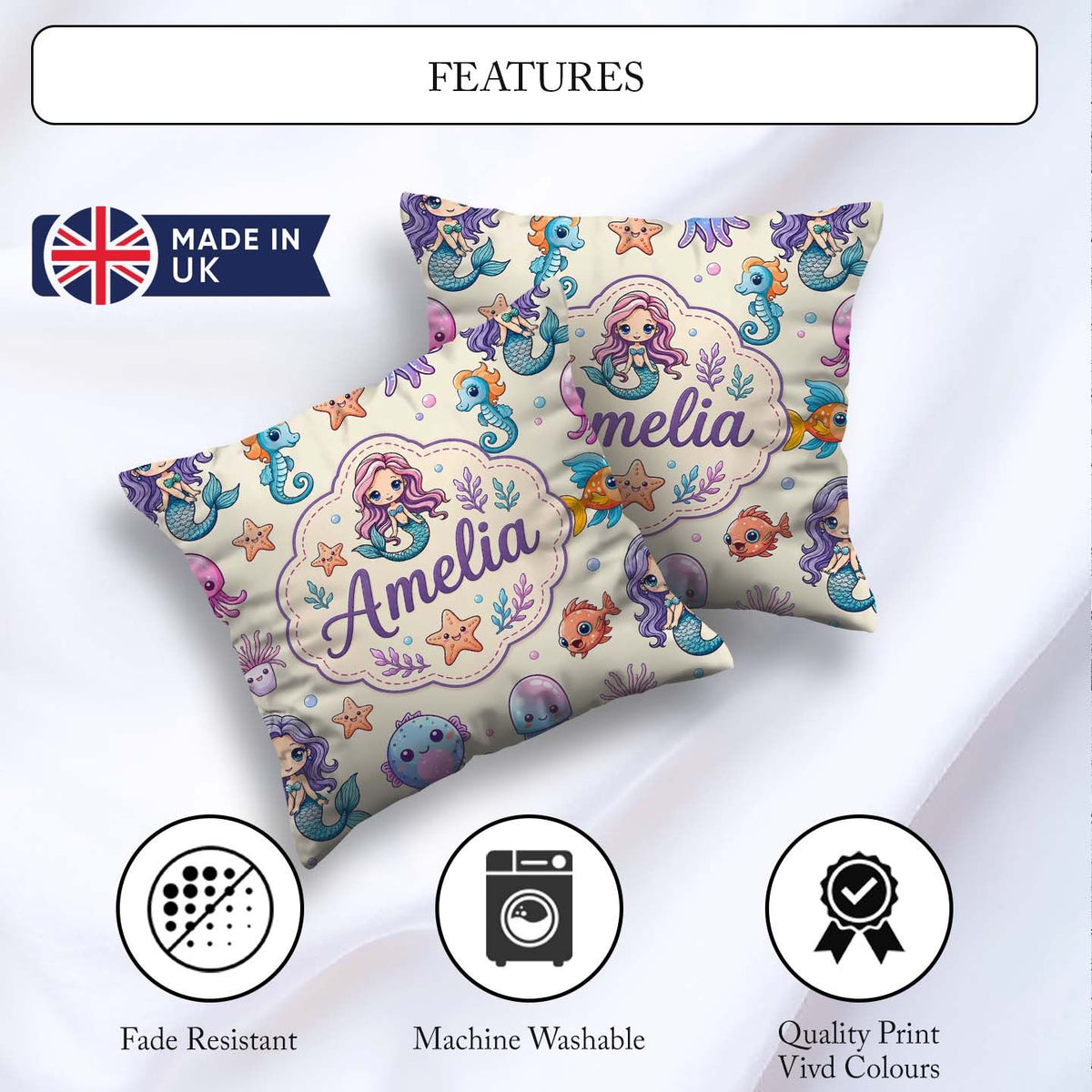Custom Name Cartoon with Sea Creatures on Light Background Kids Square Filled Cushion Throw Pillow Sofa Bed Home Decor Zip Washable UK Made