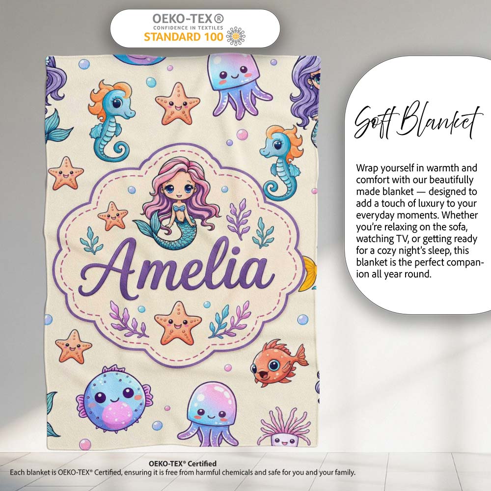 Cute Cartoon Mermaid with Sea Creatures on Light Background Kids  Personalised Custom Name Super Soft Fleece Blanket Bed Sofa Throw