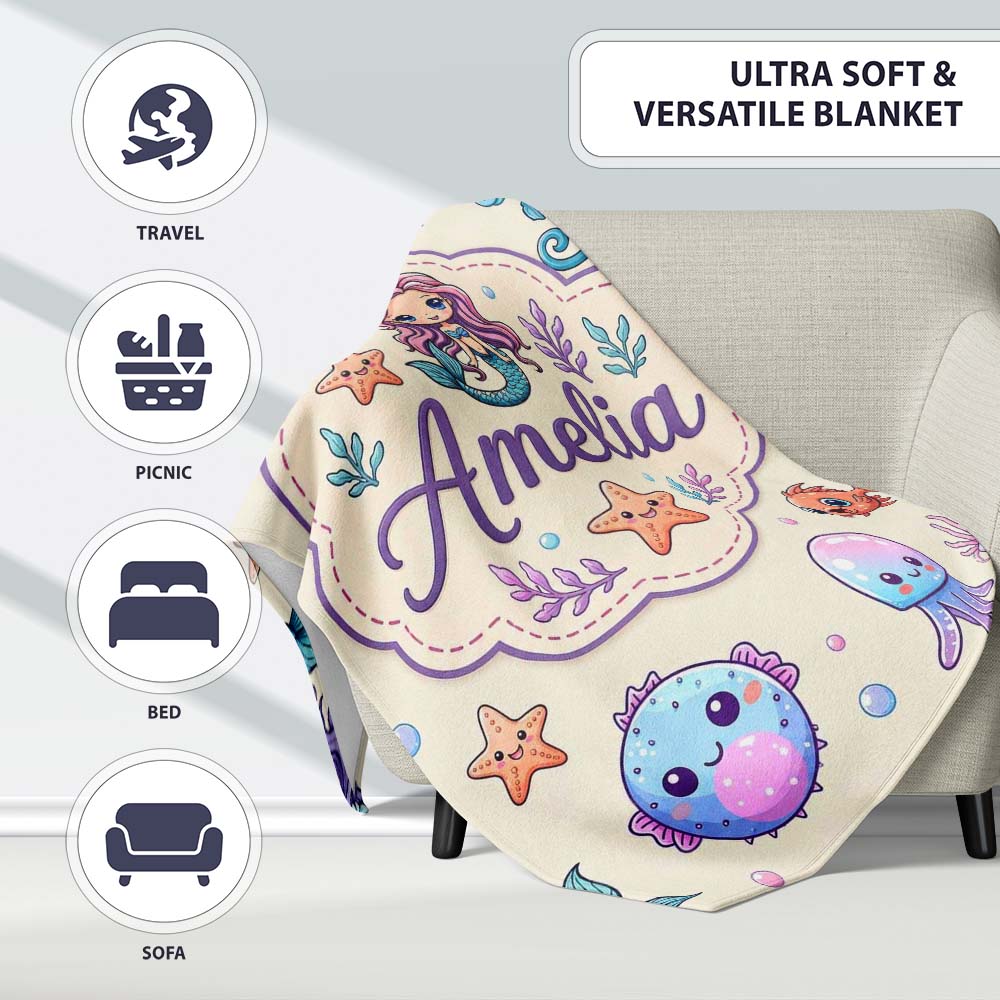 Cute Cartoon Mermaid with Sea Creatures on Light Background Kids  Personalised Custom Name Super Soft Fleece Blanket Bed Sofa Throw
