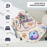 Cute Cartoon Mermaid with Sea Creatures on Light Background Kids  Personalised Custom Name Super Soft Fleece Blanket Bed Sofa Throw