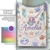 Cute Cartoon Mermaid with Sea Creatures on Light Background Kids  Personalised Custom Name Super Soft Fleece Blanket Bed Sofa Throw