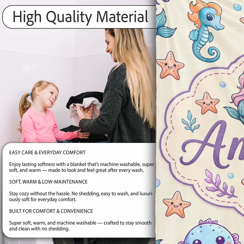 Cute Cartoon Mermaid with Sea Creatures on Light Background Kids  Personalised Custom Name Super Soft Fleece Blanket Bed Sofa Throw