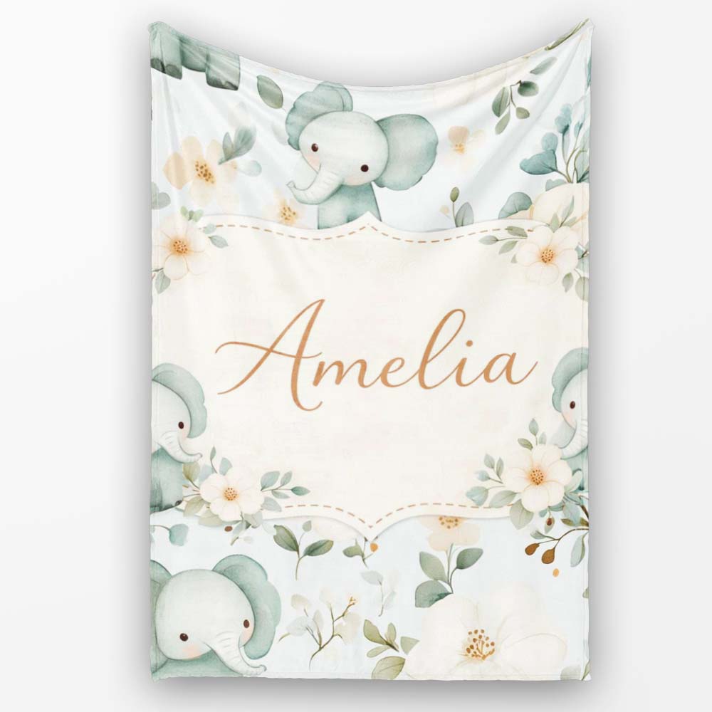 Cute Baby Elephant Floral Watercolor Pattern Pastel Nursery Design  Personalised Custom Name Super Soft Fleece Blanket Bed Sofa Throw