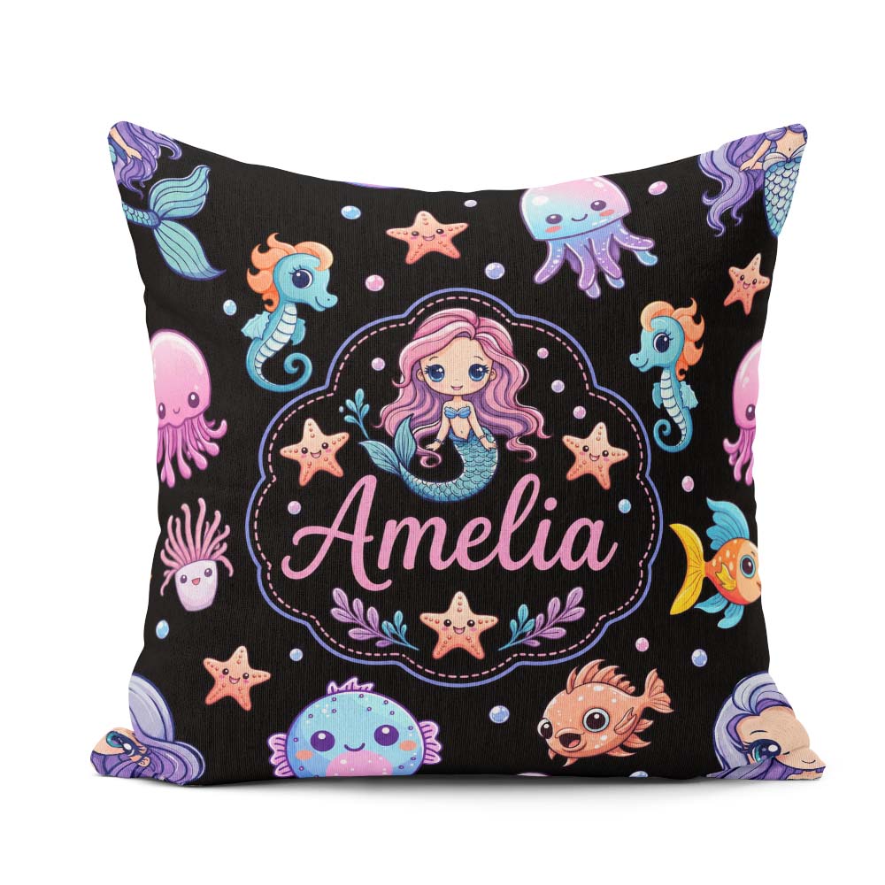 Custom Name Cartoon with Sea Creatures on Black Background Kids Square Filled Cushion Throw Pillow Sofa Bed Home Decor Zip Washable UK Made
