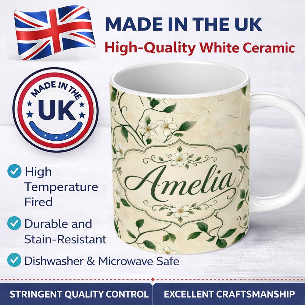 Personalized Custom Name Delicate White Floral Vine on Textured Beige Elegant Seamless Lovely 11oz Ceramic Coffee Tea Mug White Large Handle