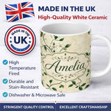 Personalized Custom Name Delicate White Floral Vine on Textured Beige Elegant Seamless Lovely 11oz Ceramic Coffee Tea Mug White Large Handle