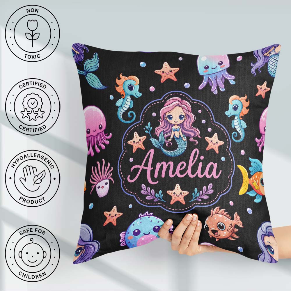 Custom Name Cartoon with Sea Creatures on Black Background Kids Square Filled Cushion Throw Pillow Sofa Bed Home Decor Zip Washable UK Made