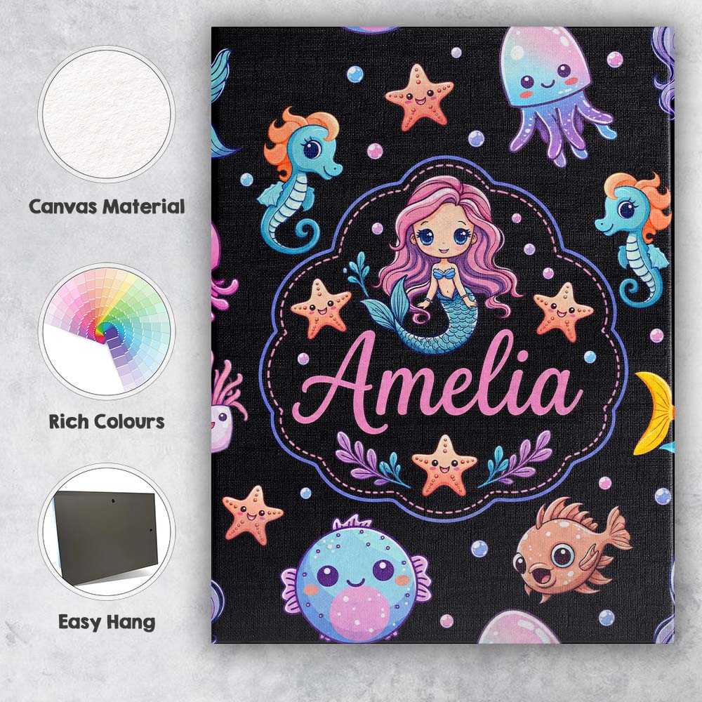 Personalised Name Cute Cartoon Mermaid with Custom  Bespoke Interior Contemporary Canvas Wall Art Print Decor Picture Ready to Hang