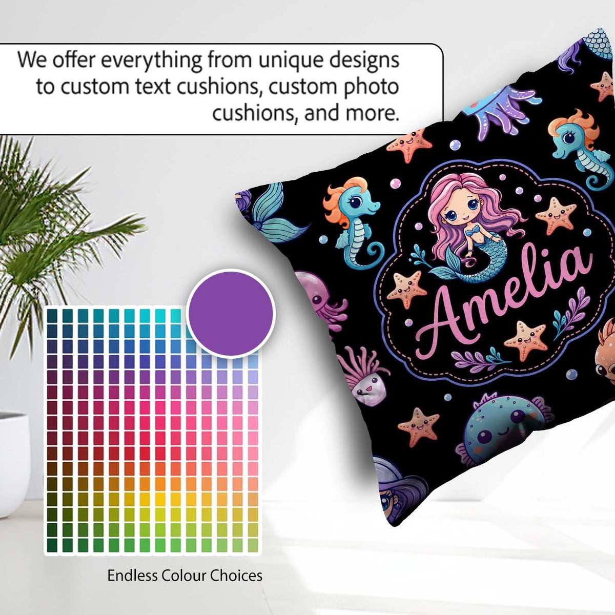Custom Name Cartoon with Sea Creatures on Black Background Kids Square Filled Cushion Throw Pillow Sofa Bed Home Decor Zip Washable UK Made