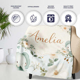 Cute Baby Elephant Floral Watercolor Pattern Pastel Nursery Design  Personalised Custom Name Super Soft Fleece Blanket Bed Sofa Throw