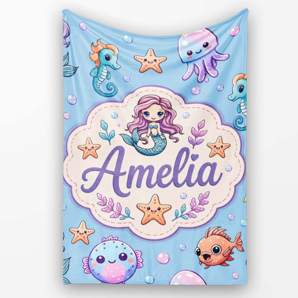Cute Cartoon Mermaid with Sea Creatures on Blue Background Kids  Personalised Custom Name Super Soft Fleece Blanket Bed Sofa Throw