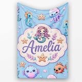Cute Cartoon Mermaid with Sea Creatures on Blue Background Kids  Personalised Custom Name Super Soft Fleece Blanket Bed Sofa Throw