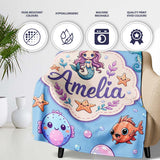 Cute Cartoon Mermaid with Sea Creatures on Blue Background Kids  Personalised Custom Name Super Soft Fleece Blanket Bed Sofa Throw