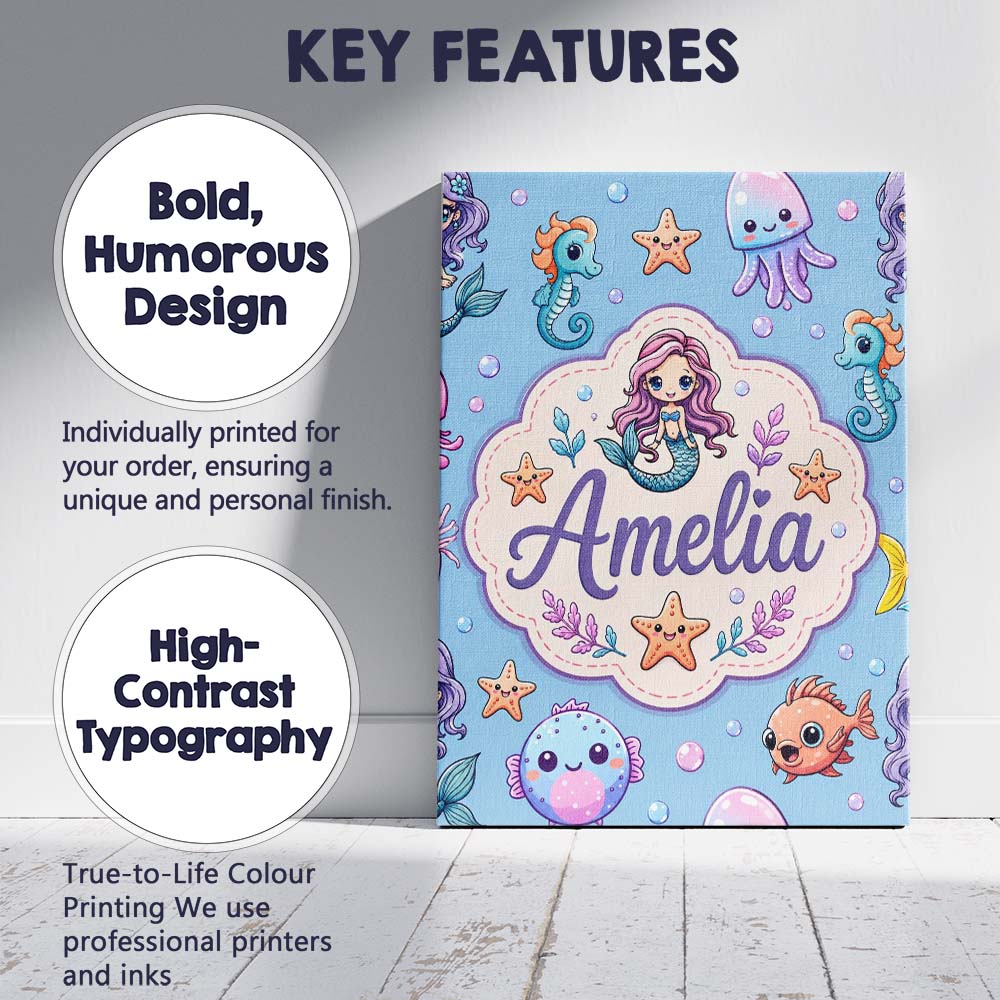 Personalised Name Cute Cartoon Mermaid with Custom  Bespoke Interior Contemporary Canvas Wall Art Print Decor Picture Ready to Hang