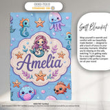 Cute Cartoon Mermaid with Sea Creatures on Blue Background Kids  Personalised Custom Name Super Soft Fleece Blanket Bed Sofa Throw