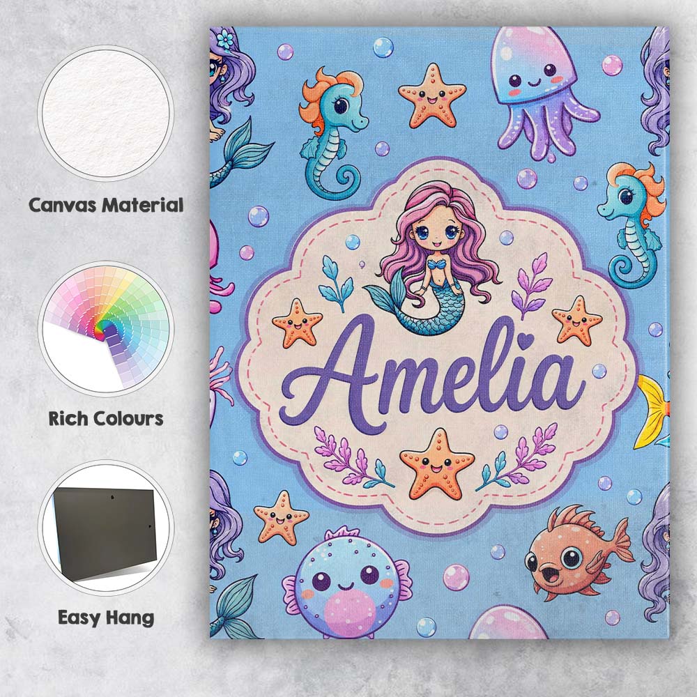 Personalised Name Cute Cartoon Mermaid with Custom  Bespoke Interior Contemporary Canvas Wall Art Print Decor Picture Ready to Hang