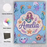 Personalised Name Cute Cartoon Mermaid with Custom  Bespoke Interior Contemporary Canvas Wall Art Print Decor Picture Ready to Hang