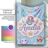 Cute Cartoon Mermaid with Sea Creatures on Blue Background Kids  Personalised Custom Name Super Soft Fleece Blanket Bed Sofa Throw