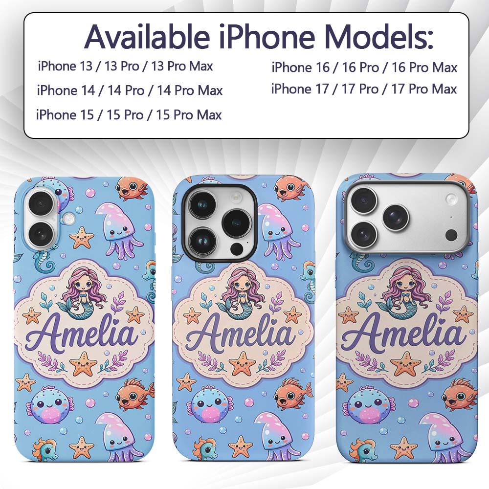 Cute Cartoon Mermaid with Sea Creatures on Blue Custom Name Protective Phone Case Mobile Cover Durable Everyday Smartphone Shock Resistant
