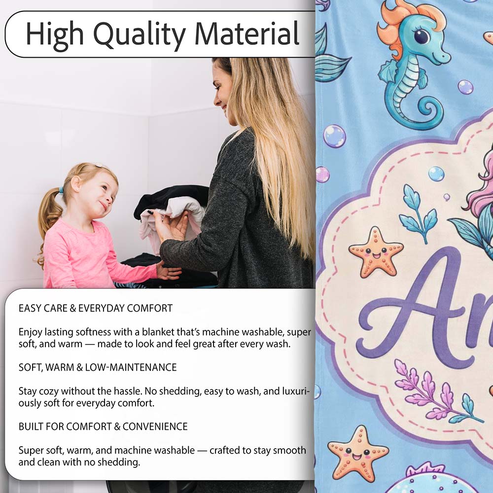 Cute Cartoon Mermaid with Sea Creatures on Blue Background Kids  Personalised Custom Name Super Soft Fleece Blanket Bed Sofa Throw