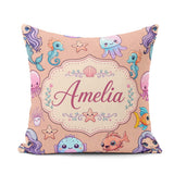 Custom Name Cartoon with Sea Creatures on Peach Background Kids Square Filled Cushion Throw Pillow Sofa Bed Home Decor Zip Washable UK Made
