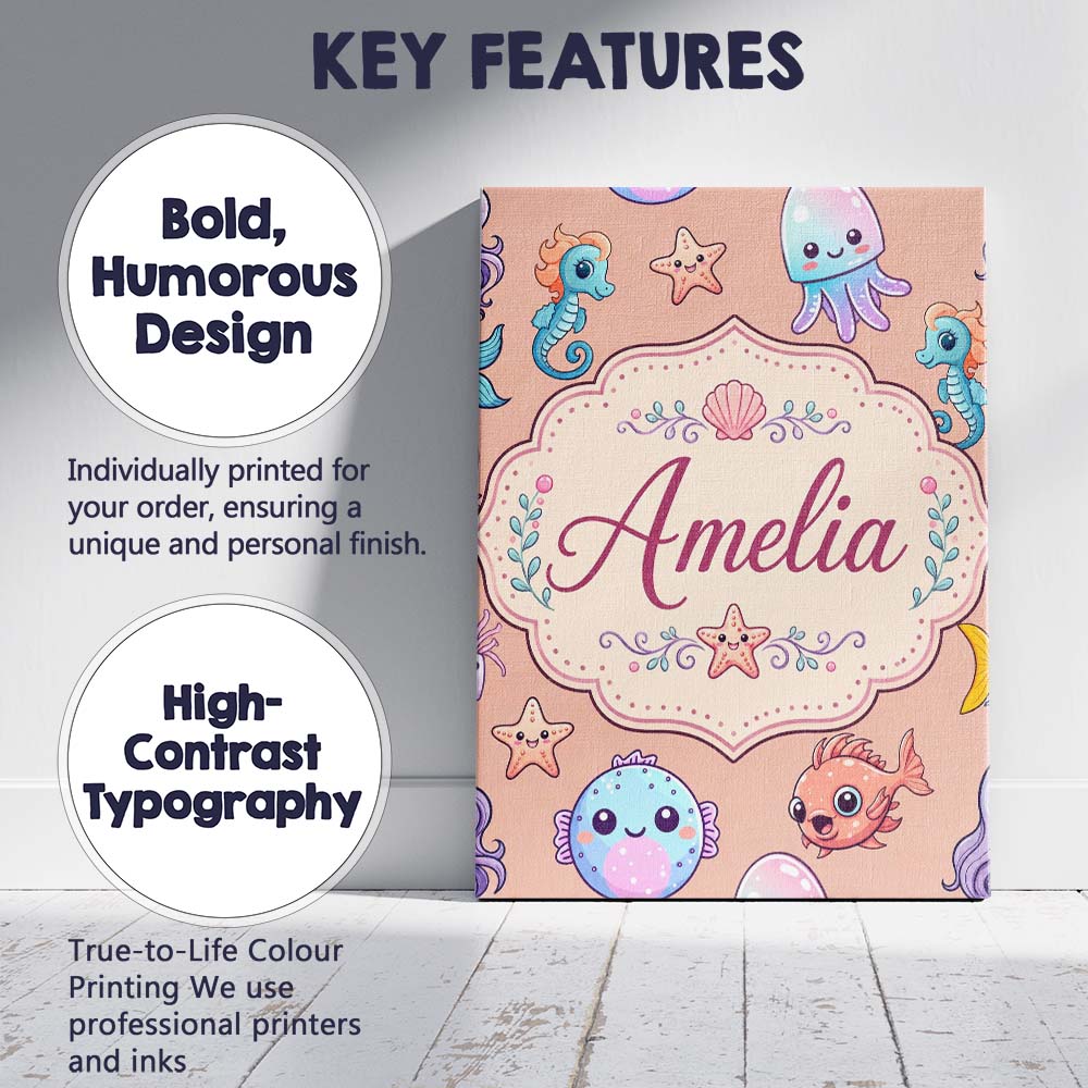 Personalised Name Cute Cartoon Mermaid with Custom  Bespoke Interior Contemporary Canvas Wall Art Print Decor Picture Ready to Hang