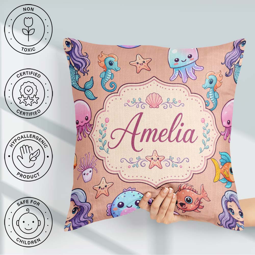Custom Name Cartoon with Sea Creatures on Peach Background Kids Square Filled Cushion Throw Pillow Sofa Bed Home Decor Zip Washable UK Made