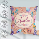 Custom Name Cartoon with Sea Creatures on Peach Background Kids Square Filled Cushion Throw Pillow Sofa Bed Home Decor Zip Washable UK Made