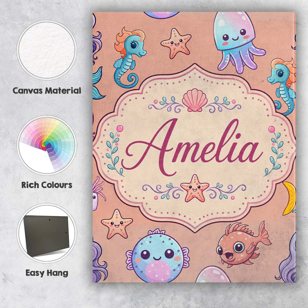 Personalised Name Cute Cartoon Mermaid with Custom  Bespoke Interior Contemporary Canvas Wall Art Print Decor Picture Ready to Hang