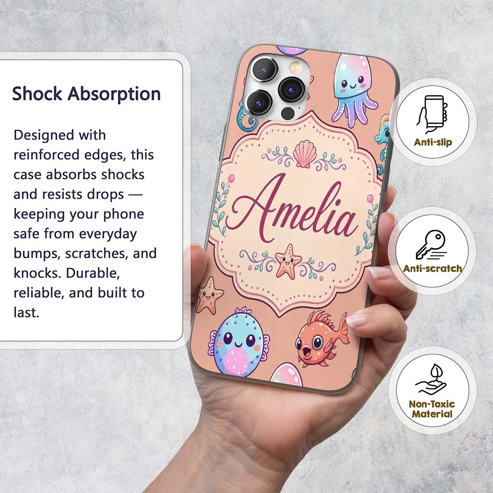 Cute Cartoon Mermaid with Sea Creatures on Peach Custom Name Protective Phone Case Mobile Cover Durable Everyday Smartphone Shock Resistant