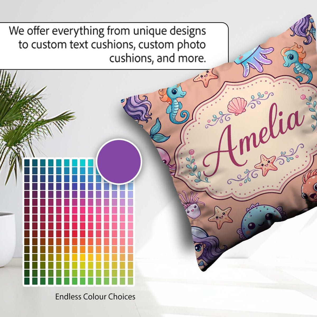 Custom Name Cartoon with Sea Creatures on Peach Background Kids Square Filled Cushion Throw Pillow Sofa Bed Home Decor Zip Washable UK Made
