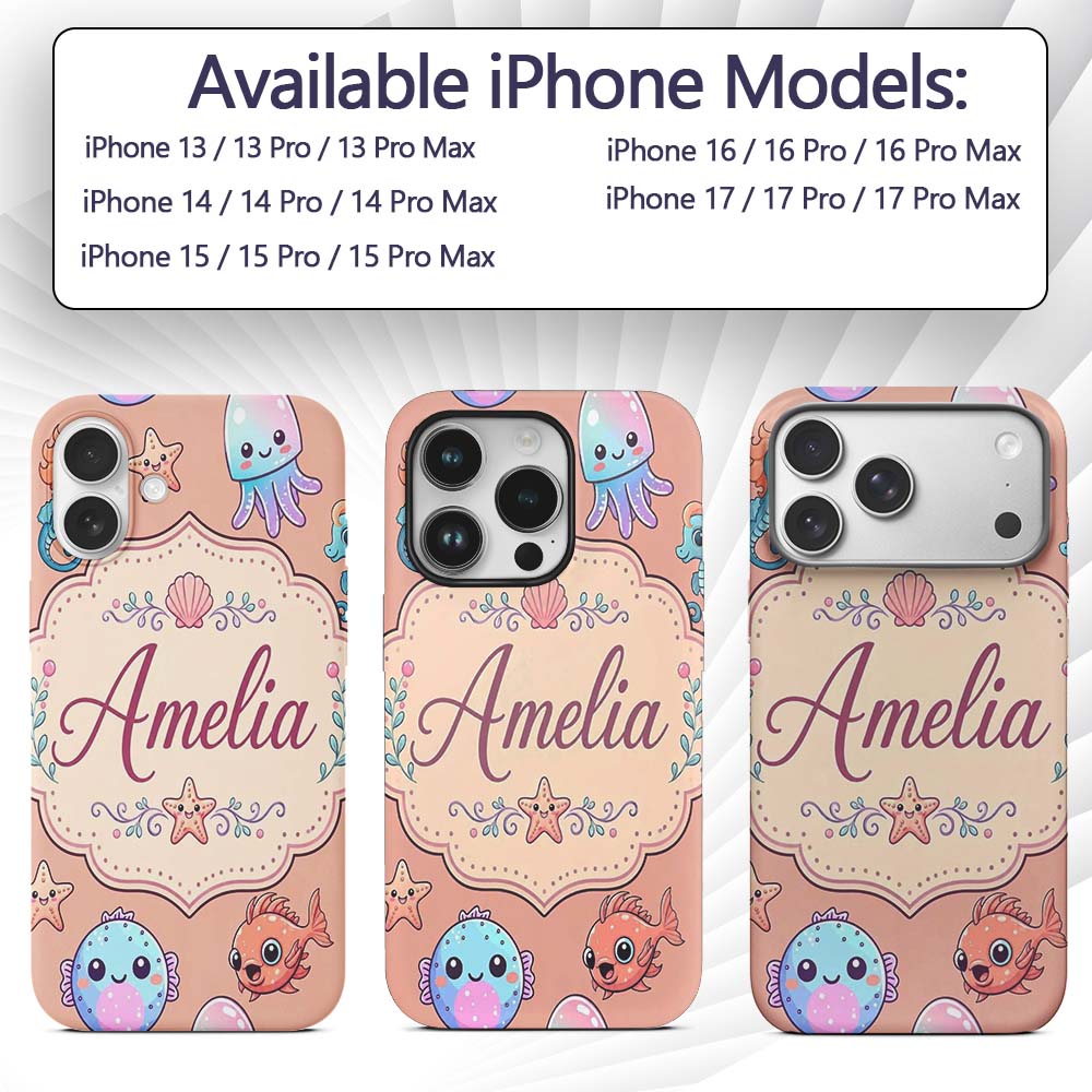 Cute Cartoon Mermaid with Sea Creatures on Peach Custom Name Protective Phone Case Mobile Cover Durable Everyday Smartphone Shock Resistant