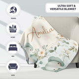 Cute Baby Elephant Floral Watercolor Pattern Pastel Nursery Design  Personalised Custom Name Super Soft Fleece Blanket Bed Sofa Throw