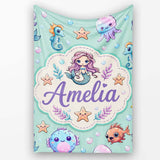 Cute Cartoon Mermaid with Sea Creatures on Mint Green Background  Personalised Custom Name Super Soft Fleece Blanket Bed Sofa Throw